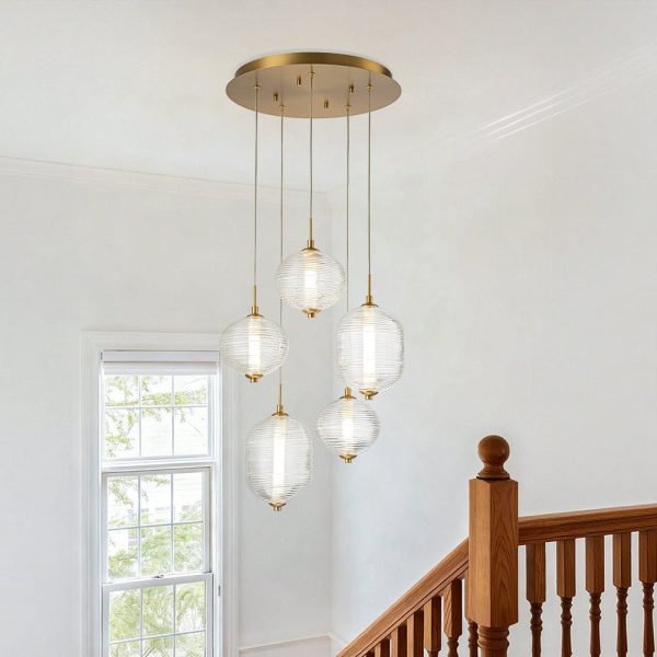 LightFixturesUSA - 5 - Light Cluster Ribbed Glass LED Round Entryway Chandelier - Chandelier - Brass - 