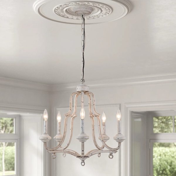5-Light Distressed White Shabby Chic Candle Style Chandelier