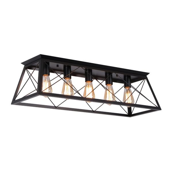 LightFixturesUSA - 5 - Light Farmhouse Rectangular Cage Semi Flush Mount - Ceiling Light - Black -