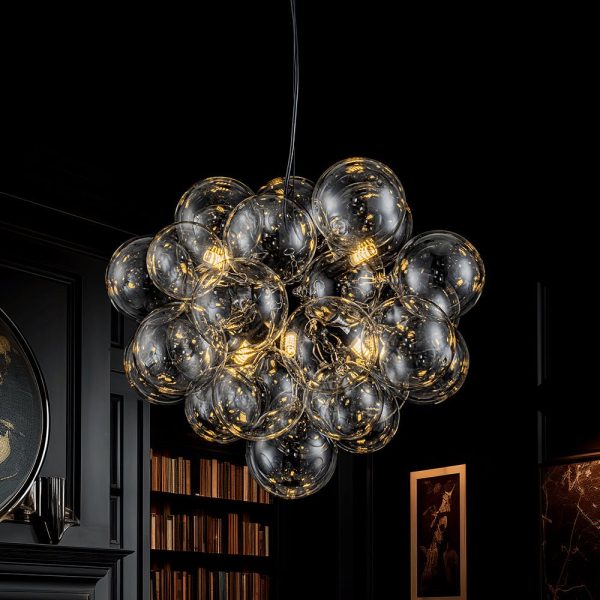 LightFixturesUSA - 6 - Light Dimmable Brass Cluster Clear Glass Bubble Sphere Chandelier - Chandelier - Black -