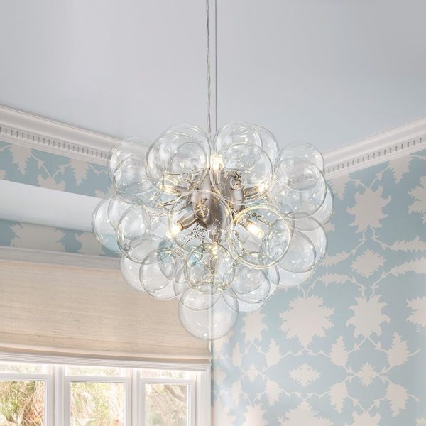 LightFixturesUSA - 6 - Light Dimmable Brass Cluster Clear Glass Bubble Sphere Chandelier - Chandelier - Nickel -