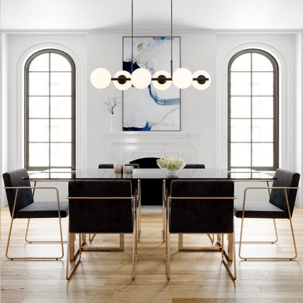 LightFixturesUSA - 6 - Light Opal Glass Globe Linear Island Chandelier - Chandelier - Black -