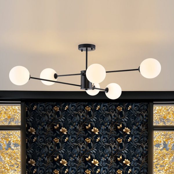 LightFixturesUSA - 6 - Light Opal Glass Globe Linear Sputnik Semi Flush - Ceiling Light - Black (Exclusive Offer) -