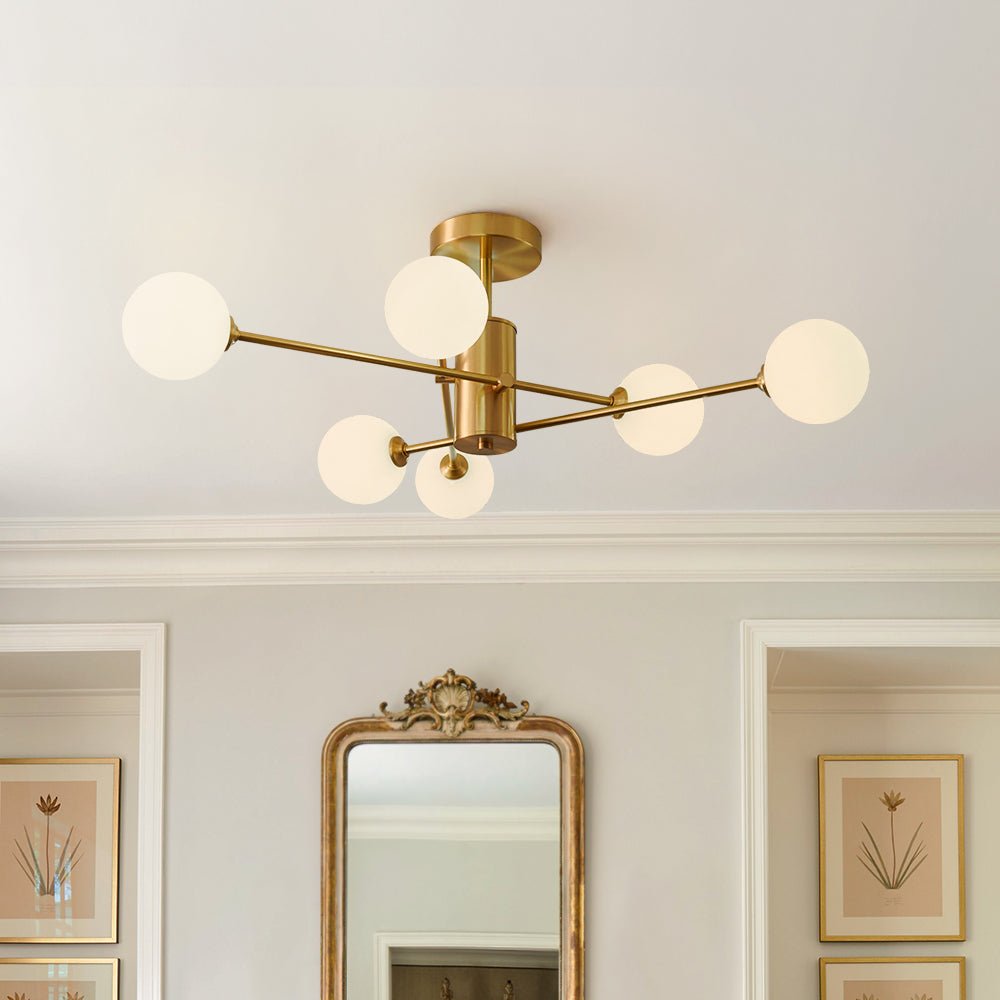 lightfixturesusa-6-light-opal-glass-globe-linear-sputnik-semi-flush-ceiling-light-brass-998801 LightFixturesUSA - 6 - Light Opal Glass Globe Linear Sputnik Semi Flush - Ceiling Light - Brass -