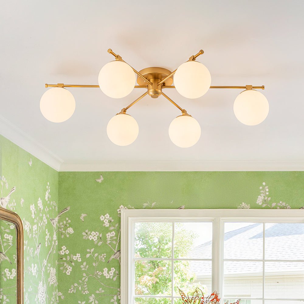lightfixturesusa-6-light-opal-glass-globe-linear-sputnik-semi-flush-chandelier-chandelier-brass-2912642 LightFixturesUSA - 6 - Light Opal Glass Globe Linear Sputnik Semi Flush Chandelier - Chandelier - Brass -