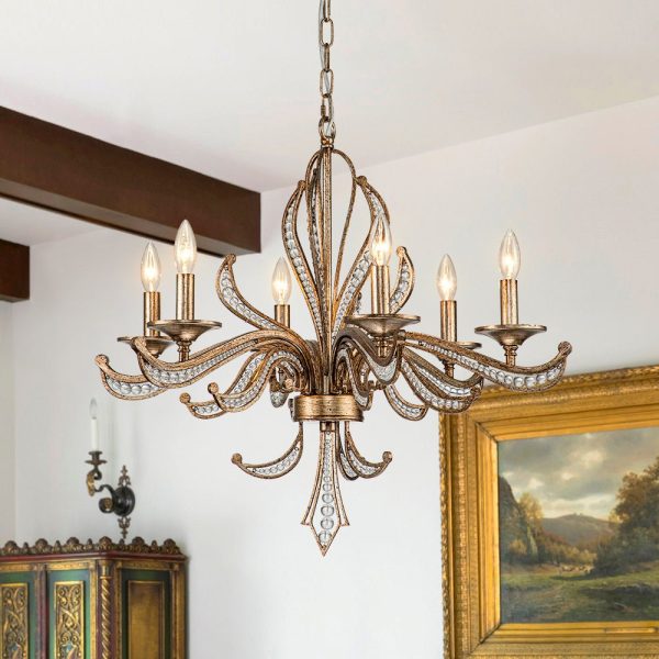 LightFixturesUSA-6-Light Vintage Candle Style Chandelier Crystal Beads-Chandelier-6-Lt-Antique