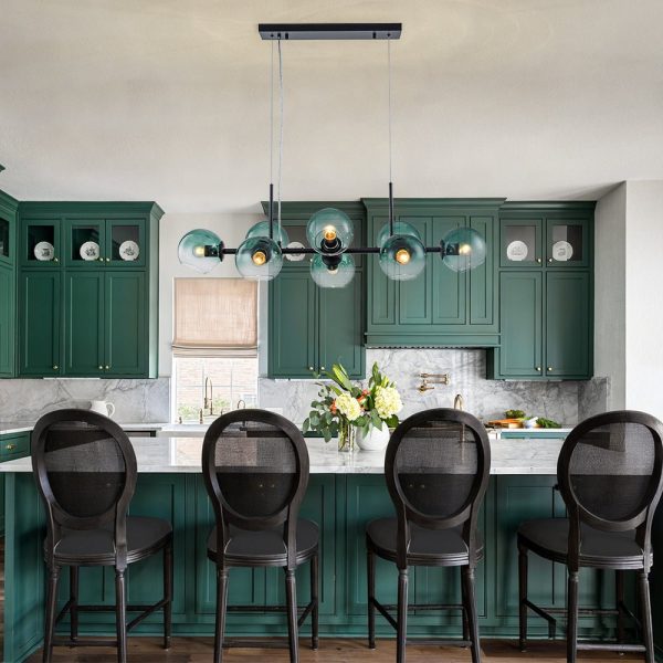 LightFixturesUSA - 8 - Light Color Tinted Glass Globe Bubble Linear Island Chandelier - Chandelier - Black + Green -