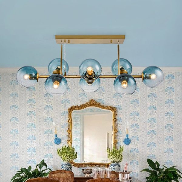 LightFixturesUSA - 8 - Light Color Tinted Glass Globe Bubble Linear Island Chandelier - Chandelier - Brass + Blue - 