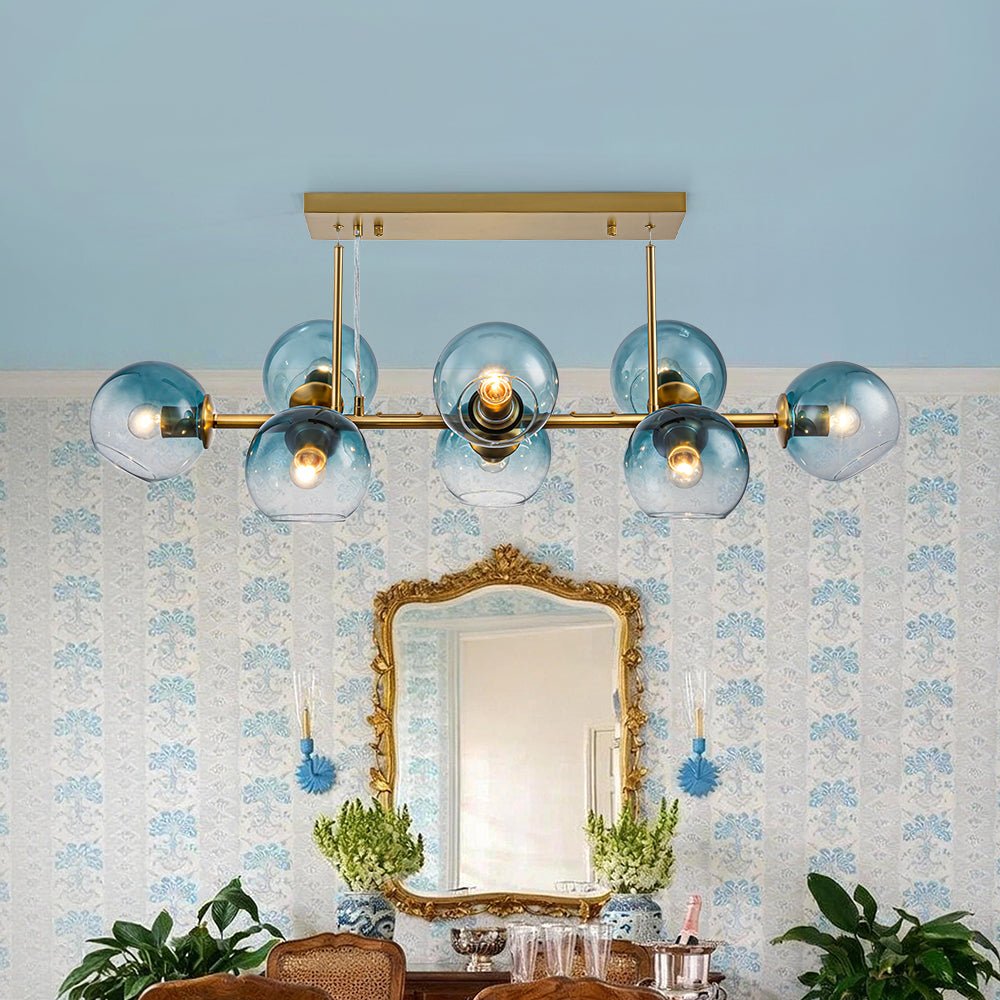 lightfixturesusa-8-light-color-tinted-glass-globe-bubble-linear-island-chandelier-chandelier-brass-blue-8091510 LightFixturesUSA - 8 - Light Color Tinted Glass Globe Bubble Linear Island Chandelier - Chandelier - Brass + Blue -