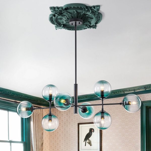 LightFixturesUSA - 8 - Light Linear Sputnik Tinted Blue Glass Bubble Chandelier - Chandelier - Black -