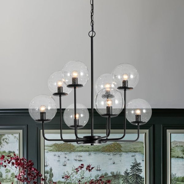 LightFixturesUSA - 8 - Light Seeded Glass Globe Round Sputnik Bubble Chandelier - Chandelier - Black -