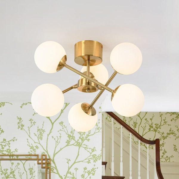 LightFixturesUSA - Adjustable Opal Glass Globe Brass Sputnik Semi Flush Mount - Ceiling Light - Brass - 