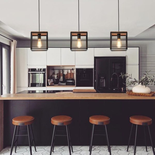 LightFixturesUSA - Aged Oak Iron Square Cage Single Kitchen Pendant Light - Pendant Light - 2 Packs -