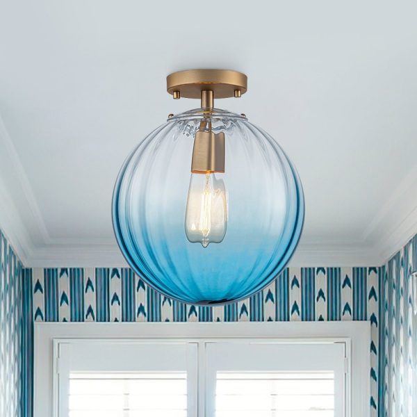 LightFixturesUSA - Art Deco 1 - Light Blue Ribbed Glass Globe Semi Flush Mount - Ceiling Light - Blue - 
