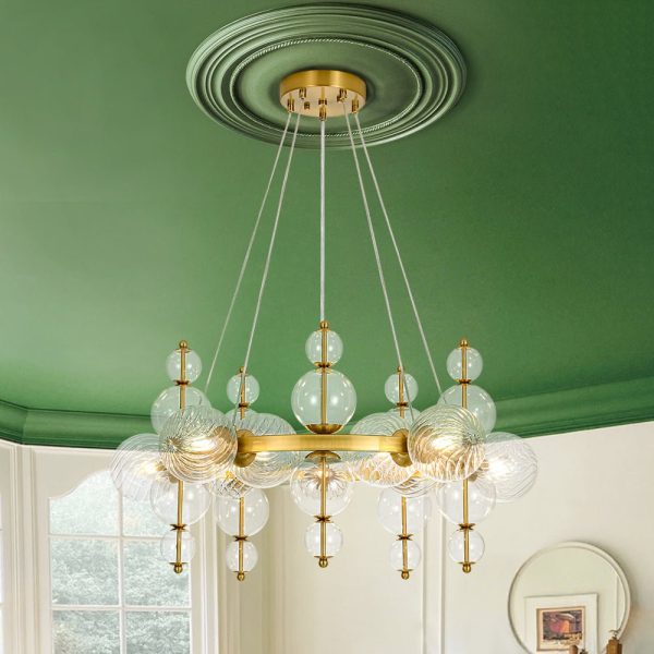 LightFixturesUSA - Art Deco 10 - Light Glass Globe Bubble Circle Chandelier - Chandelier - Brass -
