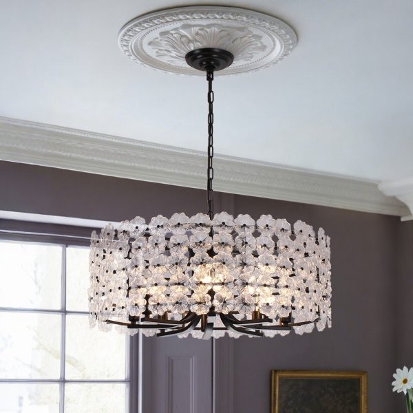 LightFixturesUSA - Art Deco Blossom Floral Cage Drum Lantern Pendant Light - Chandelier - Black -