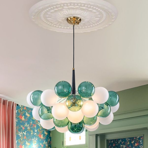 LightFixturesUSA - Art Deco Cluster Green Frosted White Glass Bubble Chandelier - Chandelier - Green + White - 
