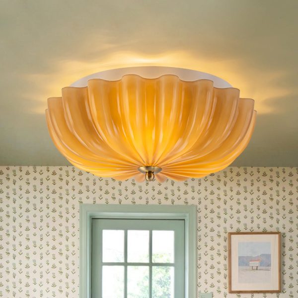LightFixturesUSA - Art Deco Pleated Flower Shine Glass Semi Flush Mount - Ceiling Light - Brown -