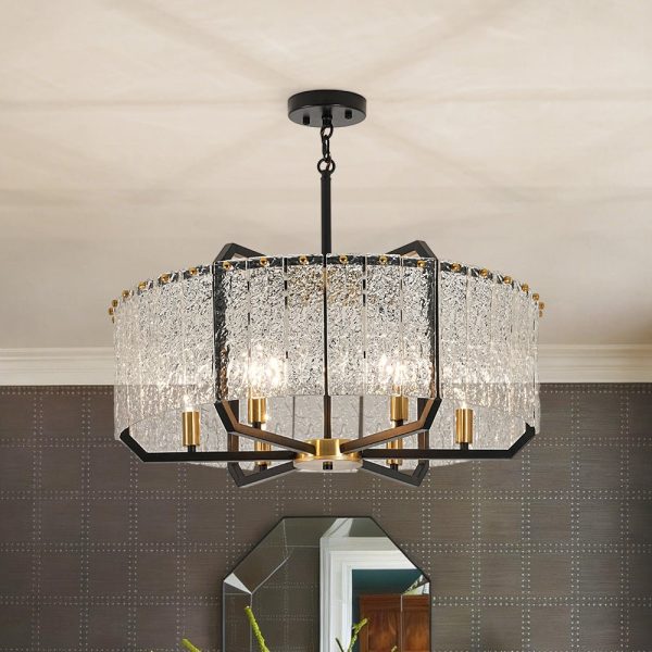 LightFixturesUSA - Black Brass 6 - Light Rippled Glass Drum Cage Chandelier - Chandelier - 25 in - 