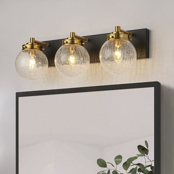 LightFixturesUSA - Black Brass Crackle Glass Globe Vanity Wall Lamp - Wall Sconce - 3 - Lt - 