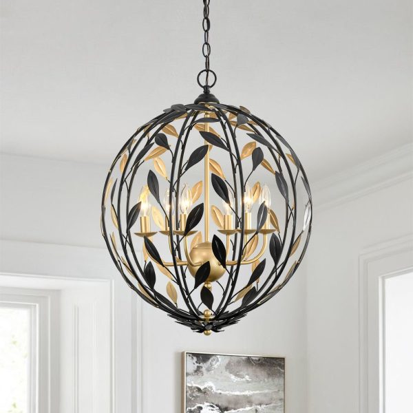 LightFixturesUSA - Black Gold Candle Style Leaf Vine Iron Orb Chandelier - Chandelier - 6 - Lt -