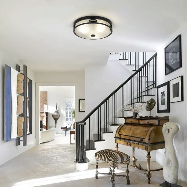 LightFixturesUSA - Black Round Frosted Crackled Glass Flush Mount Light - Ceiling Light - 16.1 in -