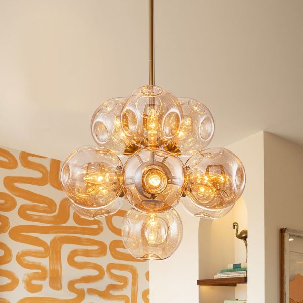 LightFixturesUSA - Bloom 10 - Light Cluster Amber Glass Round Bubble Chandelier - Chandelier - Brass - 
