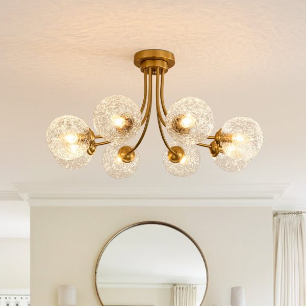 LightFixturesUSA - Bloom 8 - Light Rippled Glass Globe Bubble Round Semi Flush - Ceiling Light - Brass - 