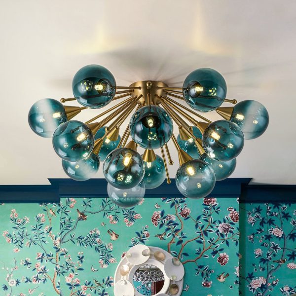LightFixturesUSA - Bloom Blue Glass Bubble Round Sunburst Semi Flush Chandelier - Chandelier - Brass - 