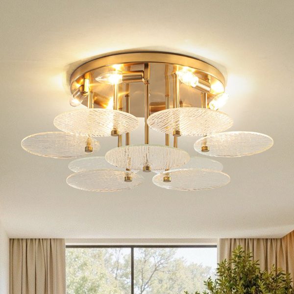 LightFixturesUSA - Bloom Brass 6 - Light Tiered Rippled Glass Round Semi Flush Mount - Ceiling Light - 25 in - 
