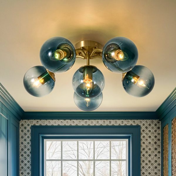 LightFixturesUSA - Bloom Brass Blue Glass Bubble Semi Flush Chandelier - Chandelier - 6 - Lt - 