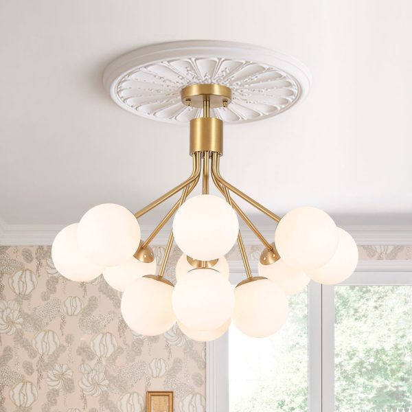 LightFixturesUSA - Bloom Opal Glass Bubble Tiered Sputnik Semi Flush Chandelier - Ceiling Light - Brass - 