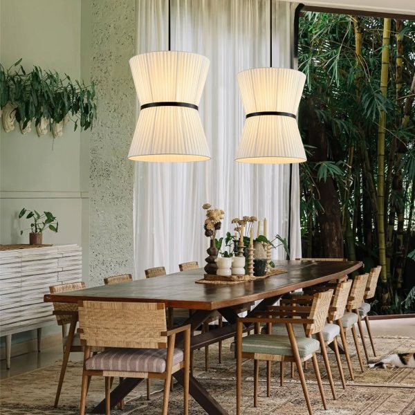 LightFixturesUSA - Boho 2 - Tier White Fabric Tapered Drum Pendant Light - Chandelier - Black Finish + White Shade - 