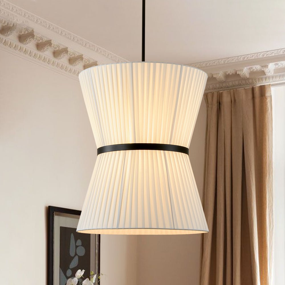 lightfixturesusa-boho-2-tier-white-fabric-tapered-drum-pendant-light-chandelier-black-finish-white-shade-4089210