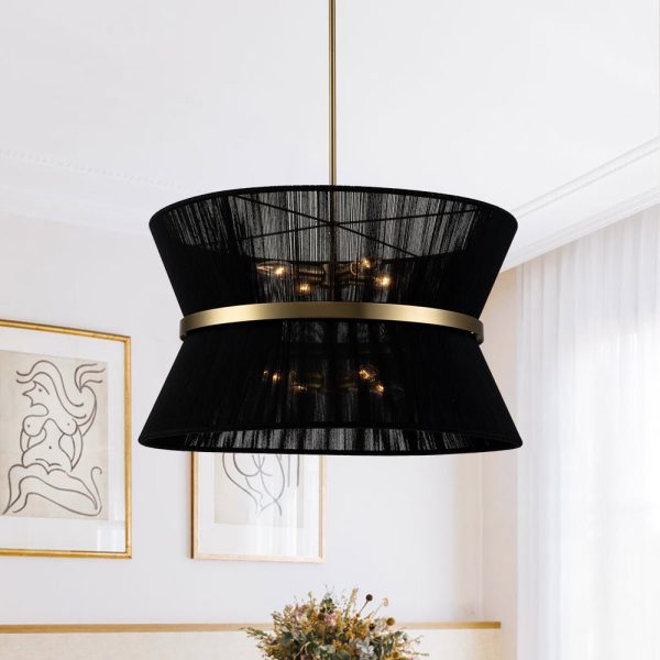 LightFixturesUSA - Boho 2 - Tier Woven Thread Tapered Drum Pendant Light - Chandelier - Black - Large (Pre - Order) -