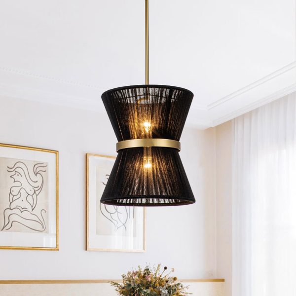LightFixturesUSA - Boho 2 - Tier Woven Thread Tapered Drum Pendant Light - Chandelier - Black - Small (Pre - Order) -