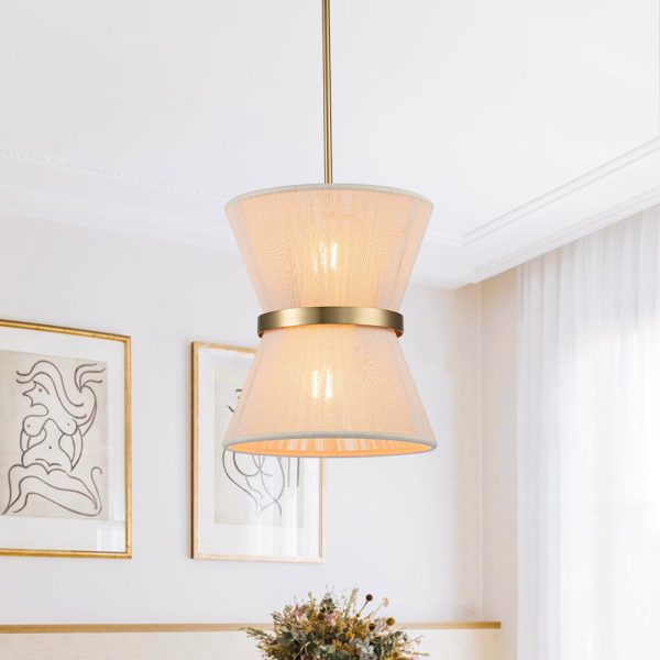 LightFixturesUSA - Boho 2 - Tier Woven Thread Tapered Drum Pendant Light - Chandelier - Ivory - Small (Pre - Order) -