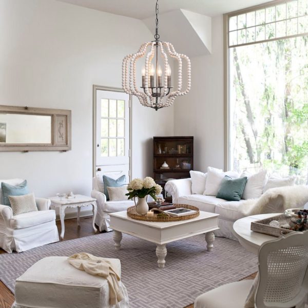 LightFixturesUSA-Boho 4-Light Wood Beaded Lantern Pendant-Chandelier-White Wood + Rough Grey Metal-