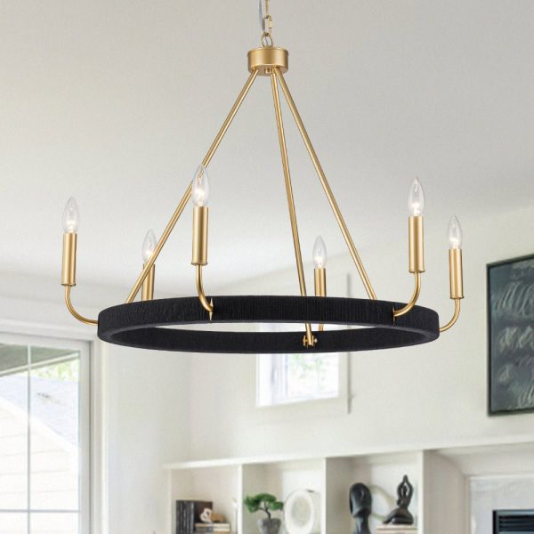 LightFixturesUSA - Boho 6 - Light Woven String Candle Wagon Wheel Chandelier - Chandelier - Black -