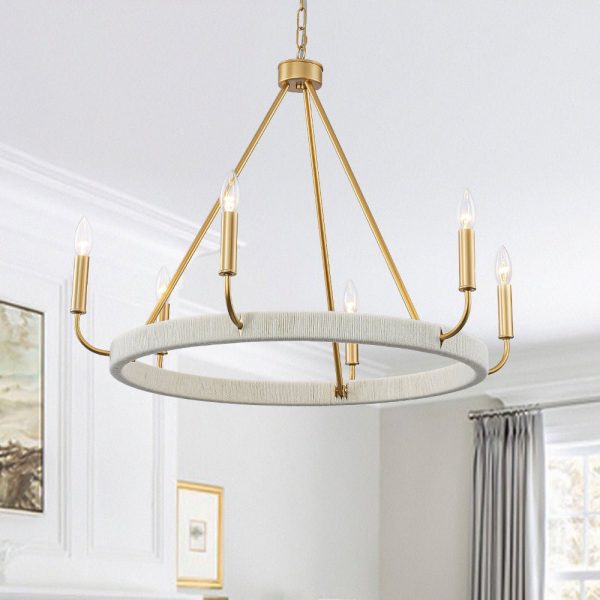 LightFixturesUSA - Boho 6 - Light Woven String Candle Wagon Wheel Chandelier - Chandelier - Ivory - 