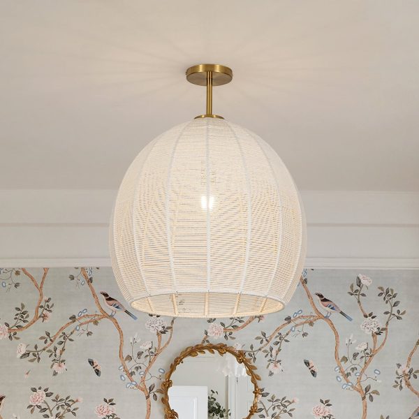LightFixturesUSA - Boho Beige Woven Thread Dome Cage Semi Flush Mount - Chandelier - Beige -