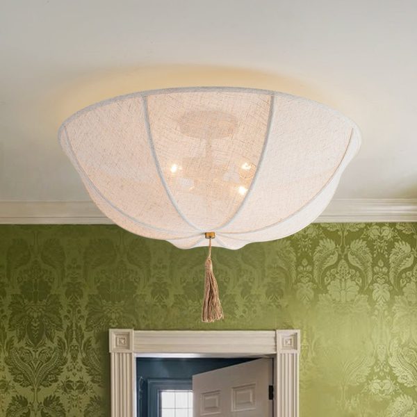 LightFixturesUSA - Boho Fabric Linen Round Scalloped Cage Semi Flush Mount - Ceiling Light - 24 in - 