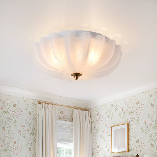 LightFixturesUSA - Boho Pleated Flower White Crackled Glass Semi Flush - Ceiling Light - 13.8 in -