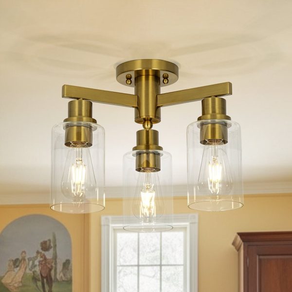 LightFixturesUSA - Brass 3 - Light Clear Glass Cylinder Semi Flush Mount - Ceiling Light - Brass -