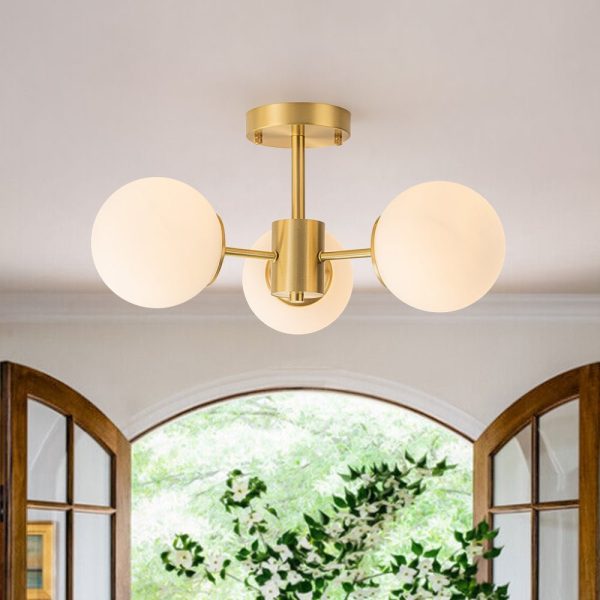 LightFixturesUSA-Brass 3-Light Opal Glass Globe Semi Flush Mount-Ceiling Light-3-Lt-Brass