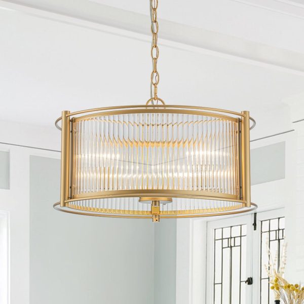 LightFixturesUSA - Brass 3 - Light Ribbed Glass Drum Lantern Pendant Light - Chandelier - Brass - 