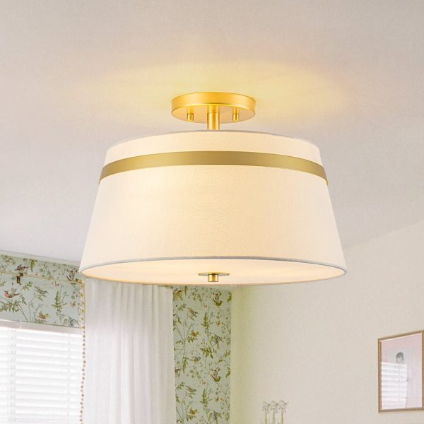 LightFixturesUSA - Brass 3 - Light White Fabric Drum Cage Semi Flush Mount - Ceiling Light - Brass - 