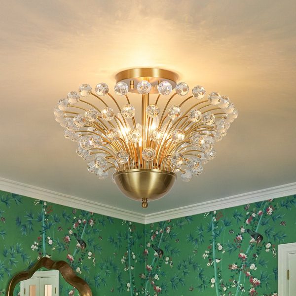 LightFixturesUSA - Brass 4 - Light Bloom Bouquet Crystal Starburst Semi Flush Mount - Ceiling Light - Brass -