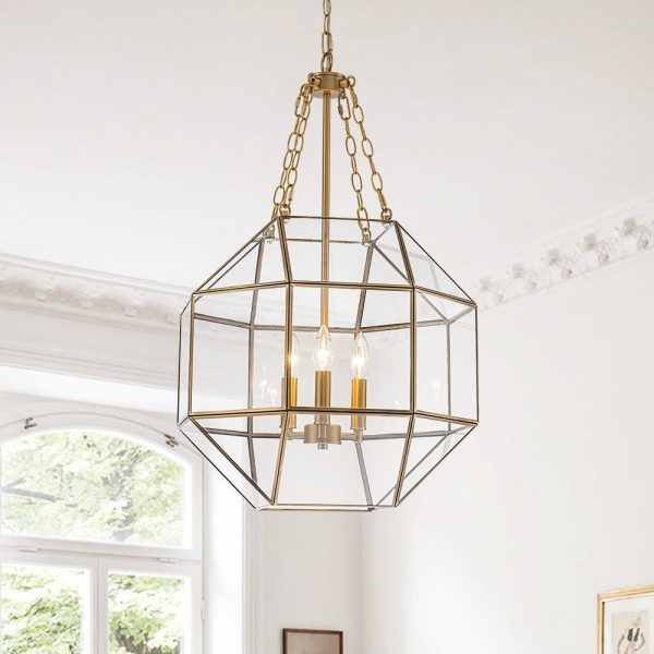 LightFixturesUSA - Brass Clear Glass Geometric Cube Lantern Pendant Light - Chandelier - Brass - 