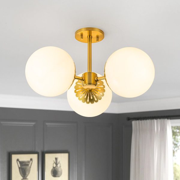 LightFixturesUSA-Brass Daisy 3-Light Opal Glass Globe Semi Flush Light-Ceiling Light-Brass-